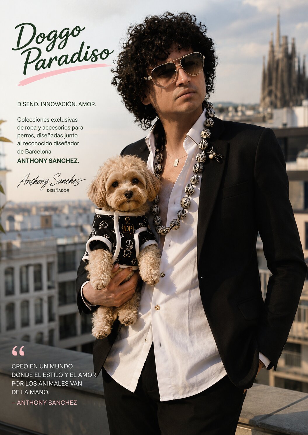 Designer Anthony Sanchez holding a dog on a Barcelona rooftop